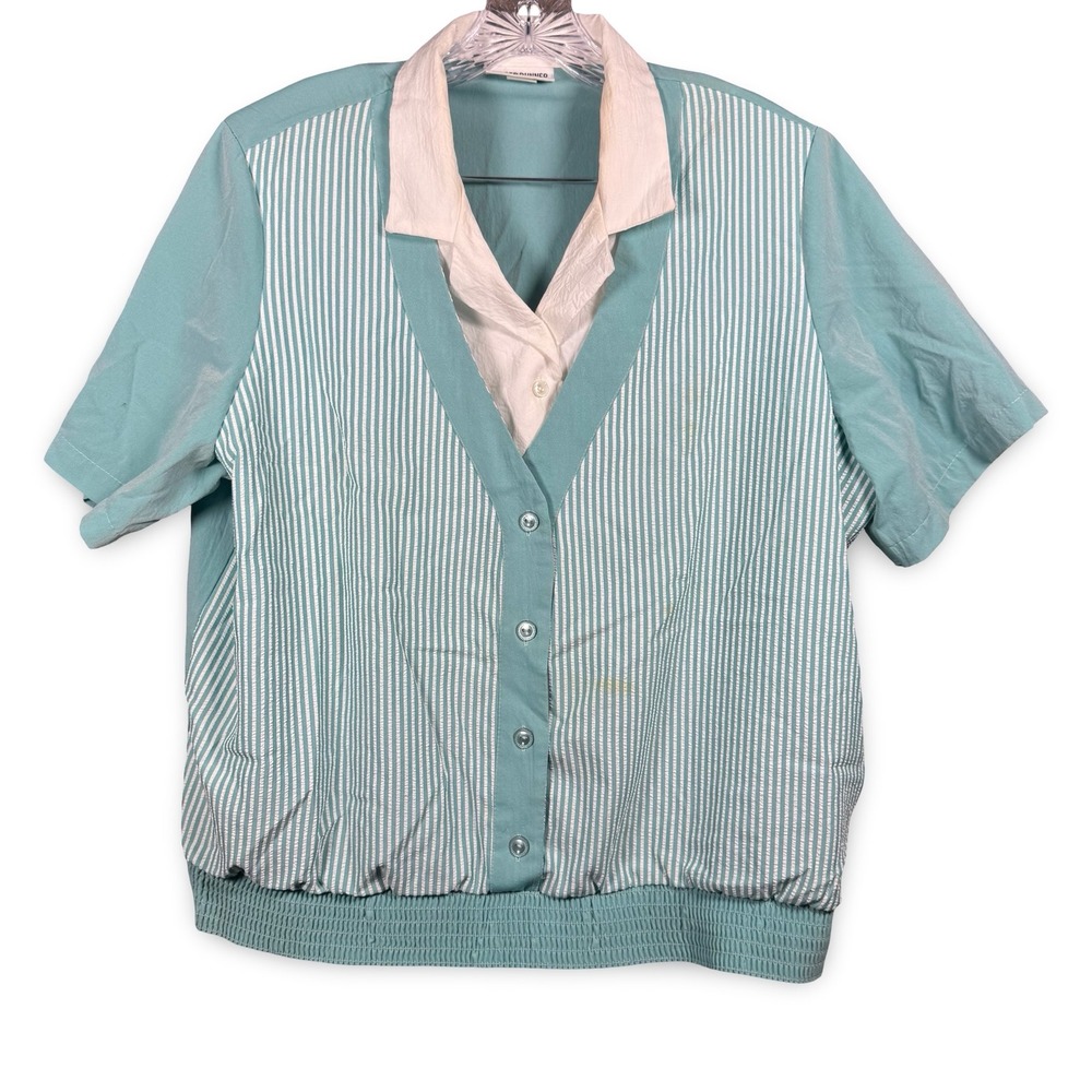 Alfred Dunner Women's 1X‎ Plus Size Teal Green White Striped 80s Mixed Media Top